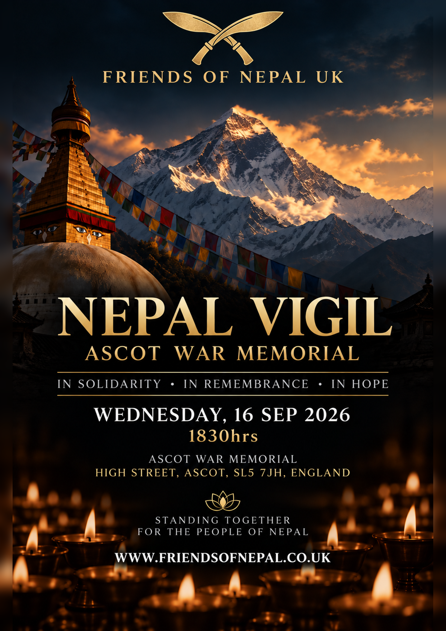 Nepal Vigil booklet, page one — Ascot War Memorial, Wednesday 16 September 2026, 1830hrs